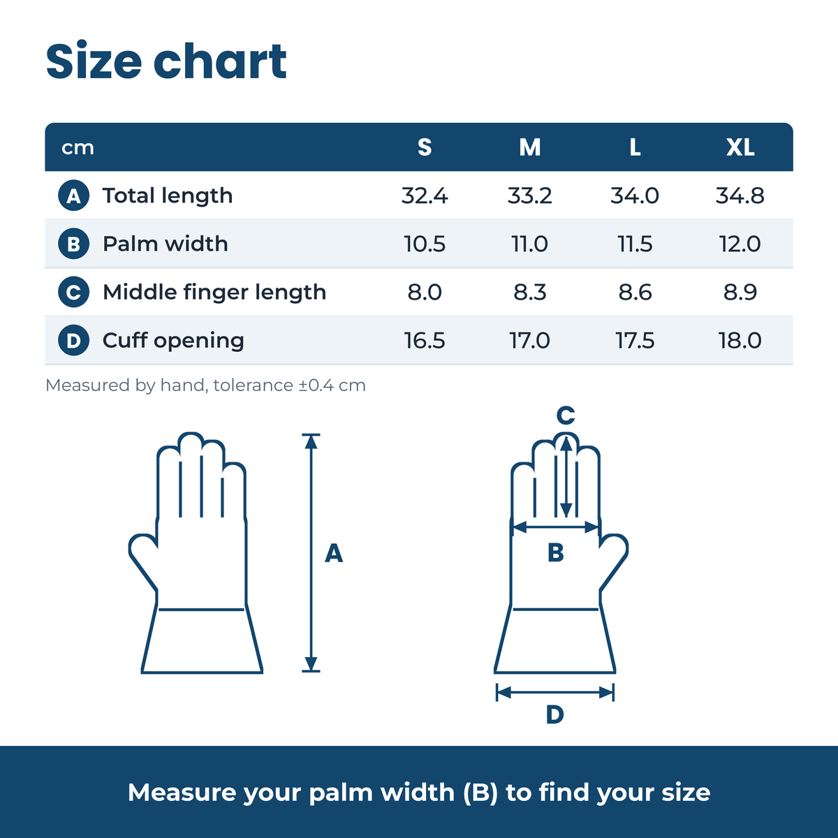 Size chart S to XL